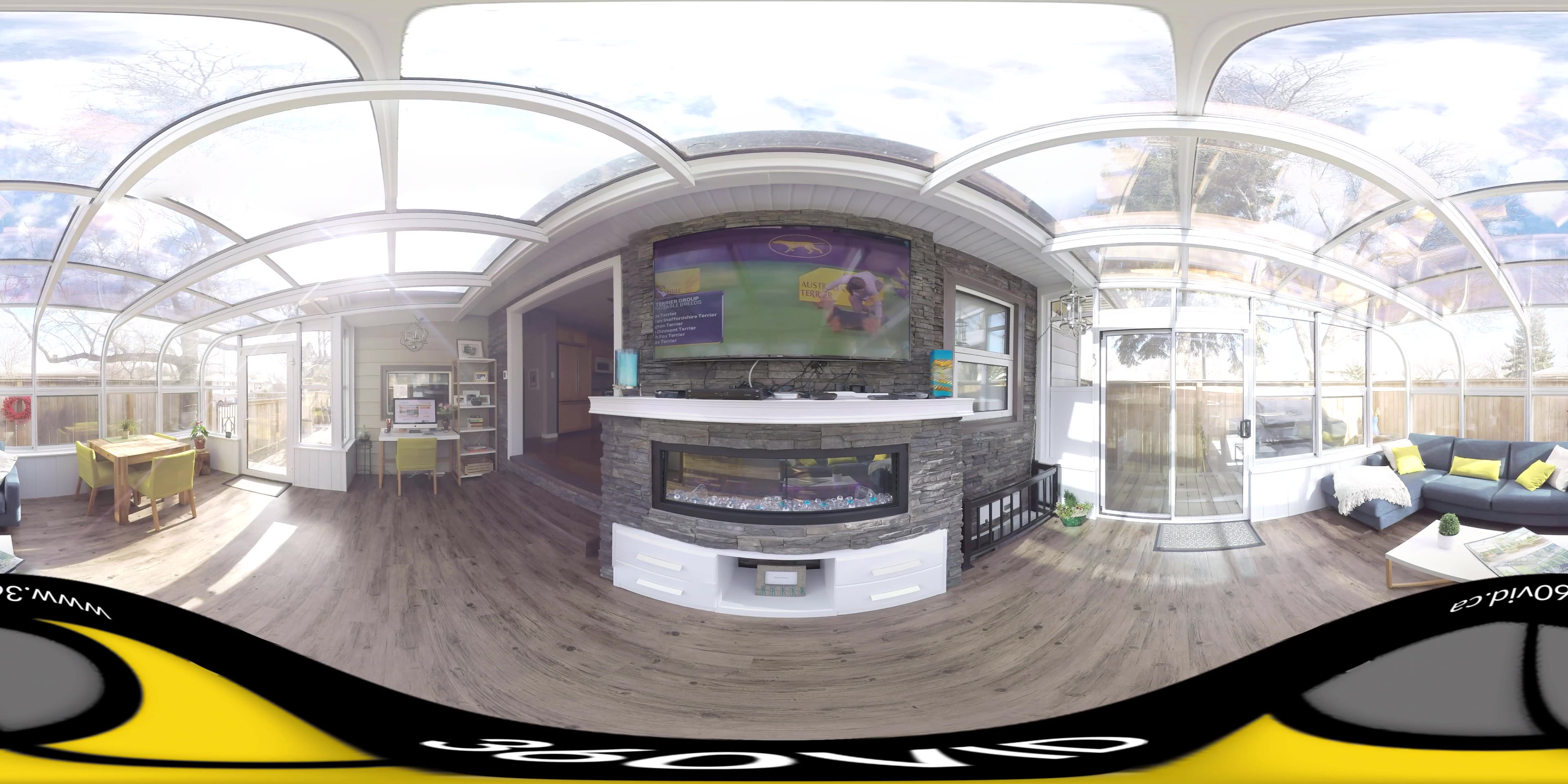 360 video of a curved-glass sunroom